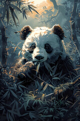 Terrestrial animal, panda bear, dining on bamboo leaves in nature