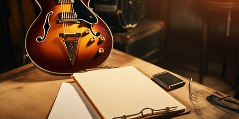 Vintage clipboard with gold electric guitar in background. Good for playlists, and production notes.