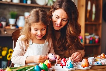 young mother teaching happy little kid soon to dye eggs for Easter