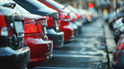  A row of parked cars lining a city street, with the glow of brake lights in a shallow depth of...