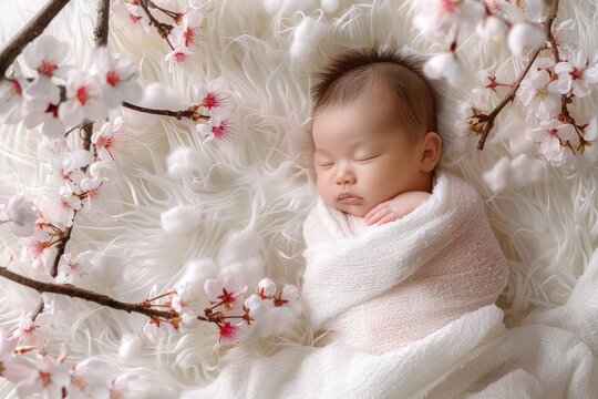 A newborn baby wrapped in white lies on a fluffy white blanket surrounded by pink cherry blossom.