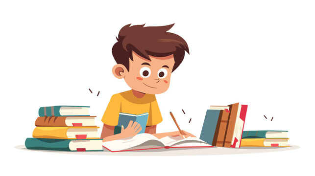 Child with books. Child doing homework or reading is