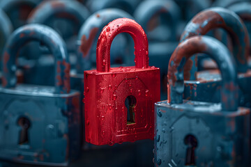 Close-up of a red padlock on a blue background