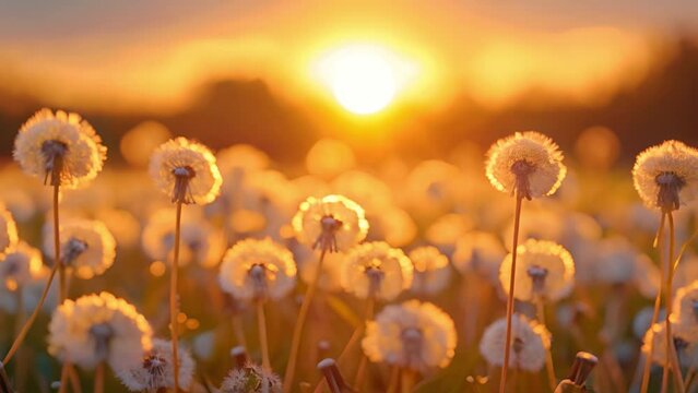 Dandelion field in beautiful colorful sunset. Fluffy dandelions glow in the rays of sunlight at sunset in nature on a meadow. Beautiful dandelion flowers in spring in a field close-up in the golden ra