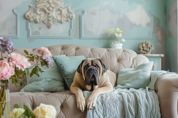 Cute Mastiff dog posing in a vintage-style apartment