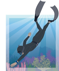 freediving, male free diver wearing fins and wetsuit in tropical ocean with coral and sun rays in clear blue water