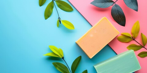 Plant-based vegan soap blocks on pink and blue surface.