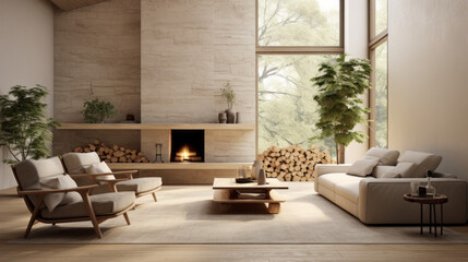 A spacious living room with a stone fireplace, light wood furniture, and a variety of plants to create a biophilic feel