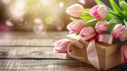 A serene display of pale pink tulips gracefully arranged next to a wrapped gift box on a wooden table, illuminated by a soft, warm light.