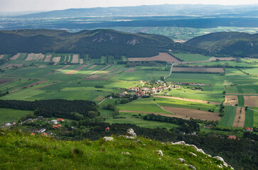Fototapeta na wymiar view from the top of the Hohe Wand, Austria, a mountain ridge, popular destination for tourists, below in the distance you can see the villages