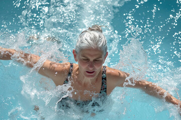 Elderly silver-haired woman doing water aerobics in a pool.