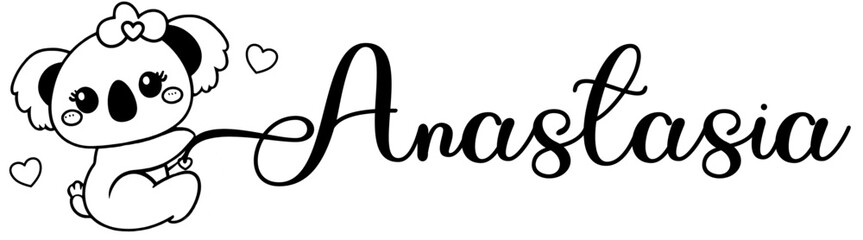 Anastasia - black color - name written - Word with Koala kawaii for websites,, presentations, greetings, banners, cards,, t-shirt, sweatshirt, prints, cricut, silhouette, sublimation	