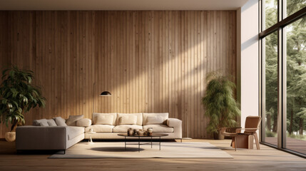 A spacious living room with a wooden wall, large windows, and indoor plants for a natural atmosphere