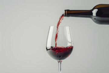 Red wine being poured into a glass against a neutral background.