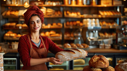A cheerful baker presenting a fresh loaf of bread in a cozy bakery filled with an assortment of baked goods.