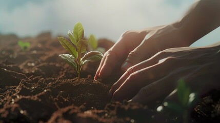 cultivating tomorrow: a child's hands actively loosen the soil to plant a young tree, symbolizing a commitment to nurturing and preserving the environment