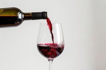 Pouring red wine into a glass against a white background.