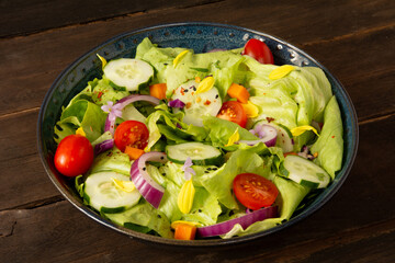 Fresh healthy green salad with tomatoes and vegetables in front view