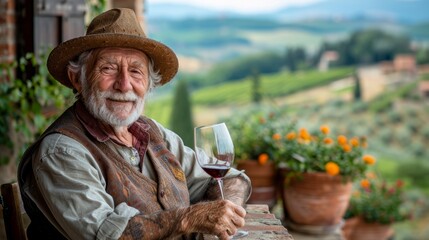Fototapeta premium Elderly gentleman enjoying a glass of wine on a scenic terrace.