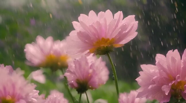 Rain falls on the flowers. 1000 fps slow motion 