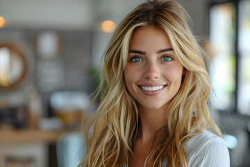 Obraz premium Portrait of beautiful young woman with blond hair smiling at camera
