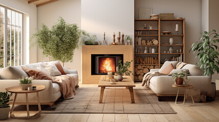 A spacious living room with a cozy fireplace, natural wood furniture, and plenty of plants to bring the outdoors in - obrazy, fototapety, plakaty