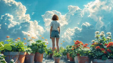 a vegetable garden in the city, girl stands between the plants of a rooftop garden - 750987681