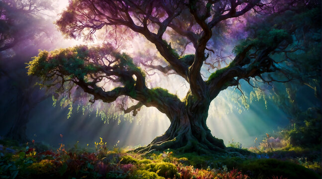 A beautiful ethereal tree of life stands strong and tall among the old growth forest.