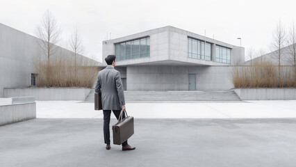 businessman with a briefcase in the hand stands in front of his office building, minimalismac - 750987845