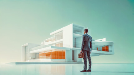businessman with a briefcase in the hand stands in front of his office building, minimalismac - 750987877