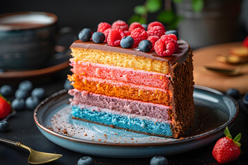 Piece of rainbow cake with raspberries, blueberries and strawberries