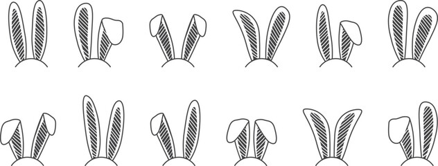 Easter bunny headband, doodle rabbit mask line icon, funny animal character sketch set isolated on white background. Black minimal vector illustration - obrazy, fototapety, plakaty
