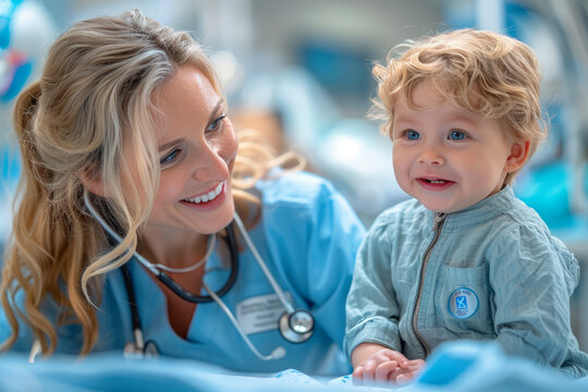 A pediatric nurse with a stethoscope examining a child's health.