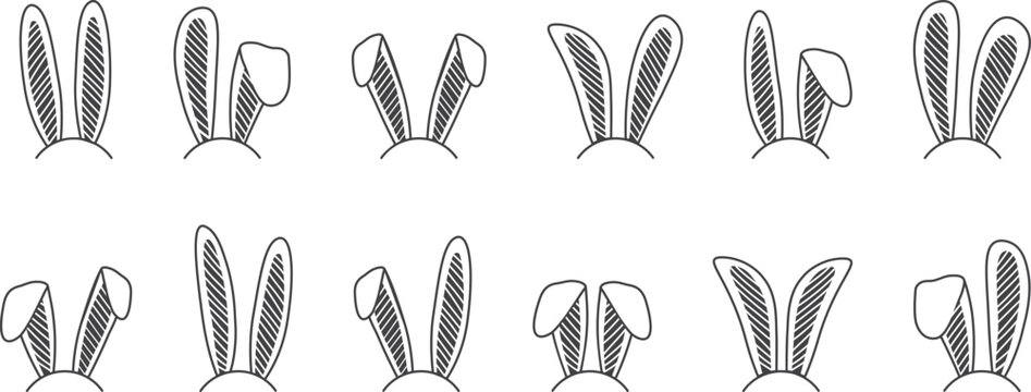 Easter bunny headband, doodle rabbit mask line icon, funny animal character sketch set isolated on white background. Black minimal vector illustration