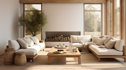 A spacious living room with natural materials like wood and jute