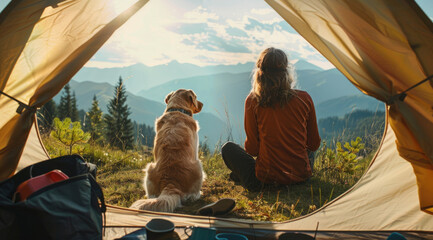 A traveler is relaxing with breathtaking view with golden retriever dog in camping tent on their trip.
