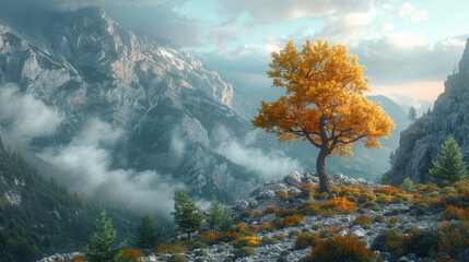 Dramatic clouds with mountain and tree.