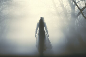 Woman wearing white headscarf in shining fog. Pure spiritual lady in illuminated portrait. Generate ai