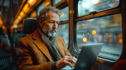 Salarié en télétravail dans les transports en commun : homme d'affaires travaillant sur son ordinateur portable dans le train - obrazy, fototapety, plakaty