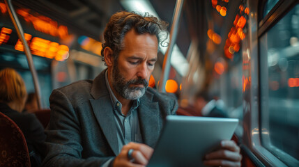 Salarié en télétravail dans les transports en commun : homme d'affaires travaillant sur son ordinateur portable dans le train - obrazy, fototapety, plakaty