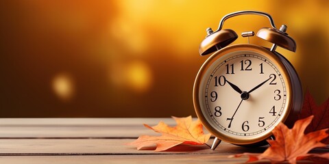 Daylight Saving Time. Alarm clock and orange color leaves on wooden table. Autumn time. Fall time...