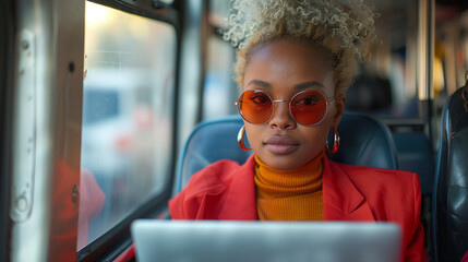 Femme portant des lunettes et un chignon en télétravail depuis le bus, elle tient son ordinateur portable - obrazy, fototapety, plakaty