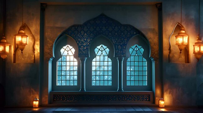 Ramadan Kareem Podium Stage Design with Lanterns: Mosque Window Illuminated Scene