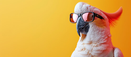 Close up fashionable cockatoo parrot in sunglasses on yellow background with copy space. Summer banner for advertising or web