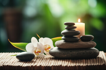 Fototapeta na wymiar Black hot stone for massage, lit candle, flowers on green blurry natural background, accessories for spa therapy and treatment, relax and self care concept