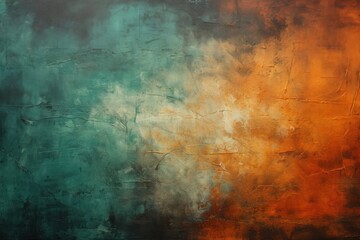Abstract textured wall background with dark gradient cool green and warm orange tones, distressed, old vintage rough texture design