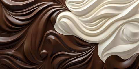 Sweet background with melted white and dark chocolate beautifully blends, intertwining to form...