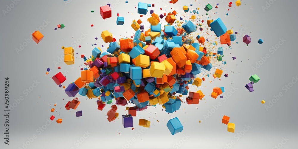 Poster swirling or bursting cubes of colors. rising creativity concept. cluster of multiple colorful cubes 