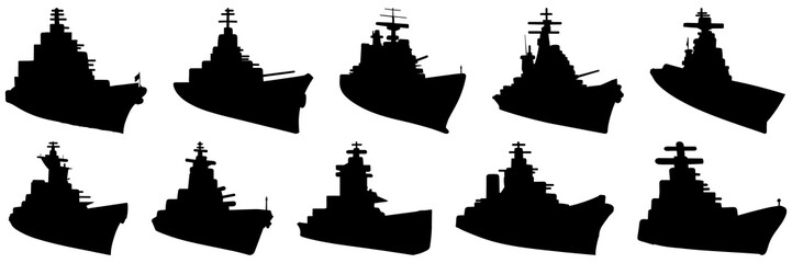 Warship boat silhouettes set, large pack of vector silhouette design, isolated white background - obrazy, fototapety, plakaty