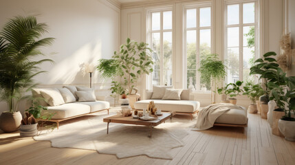 A spacious living room with a large open window, green plants, and light beige walls